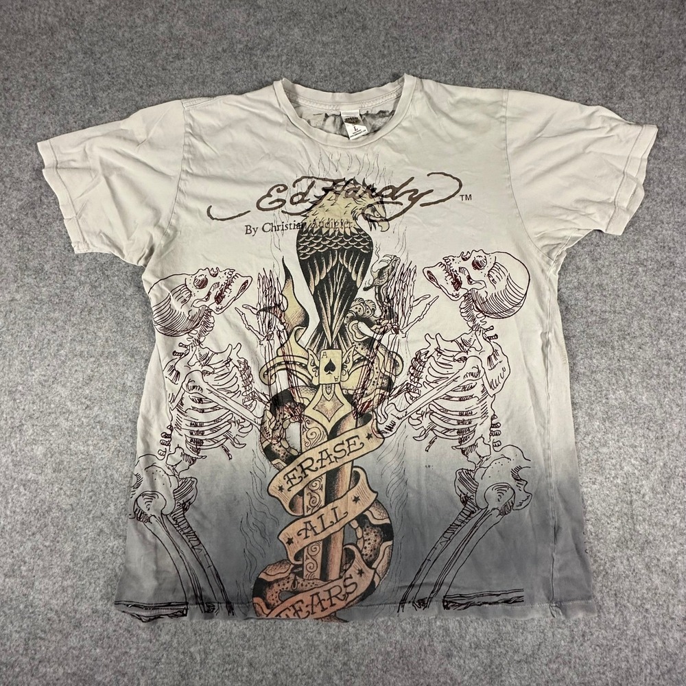 Ed Hardy Shirt Mens Large Gray Erase All Fears Eagle Skeleton Christian Audigier